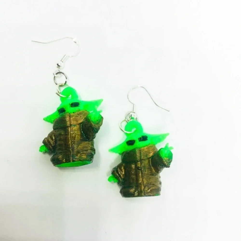 New S925 Sterling Silver Handmade Baby Yoda Earrings 3D Printed Hand Painted